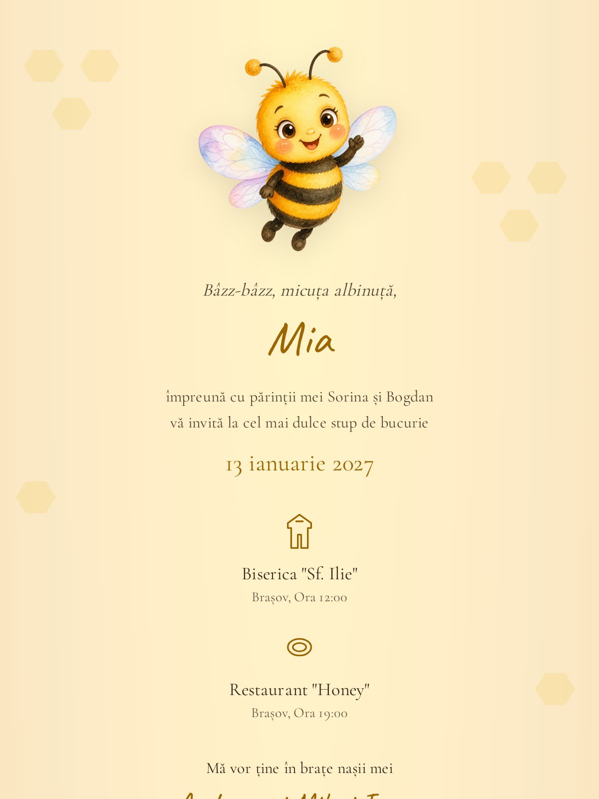 Invitație digitală botez — model Albinuța