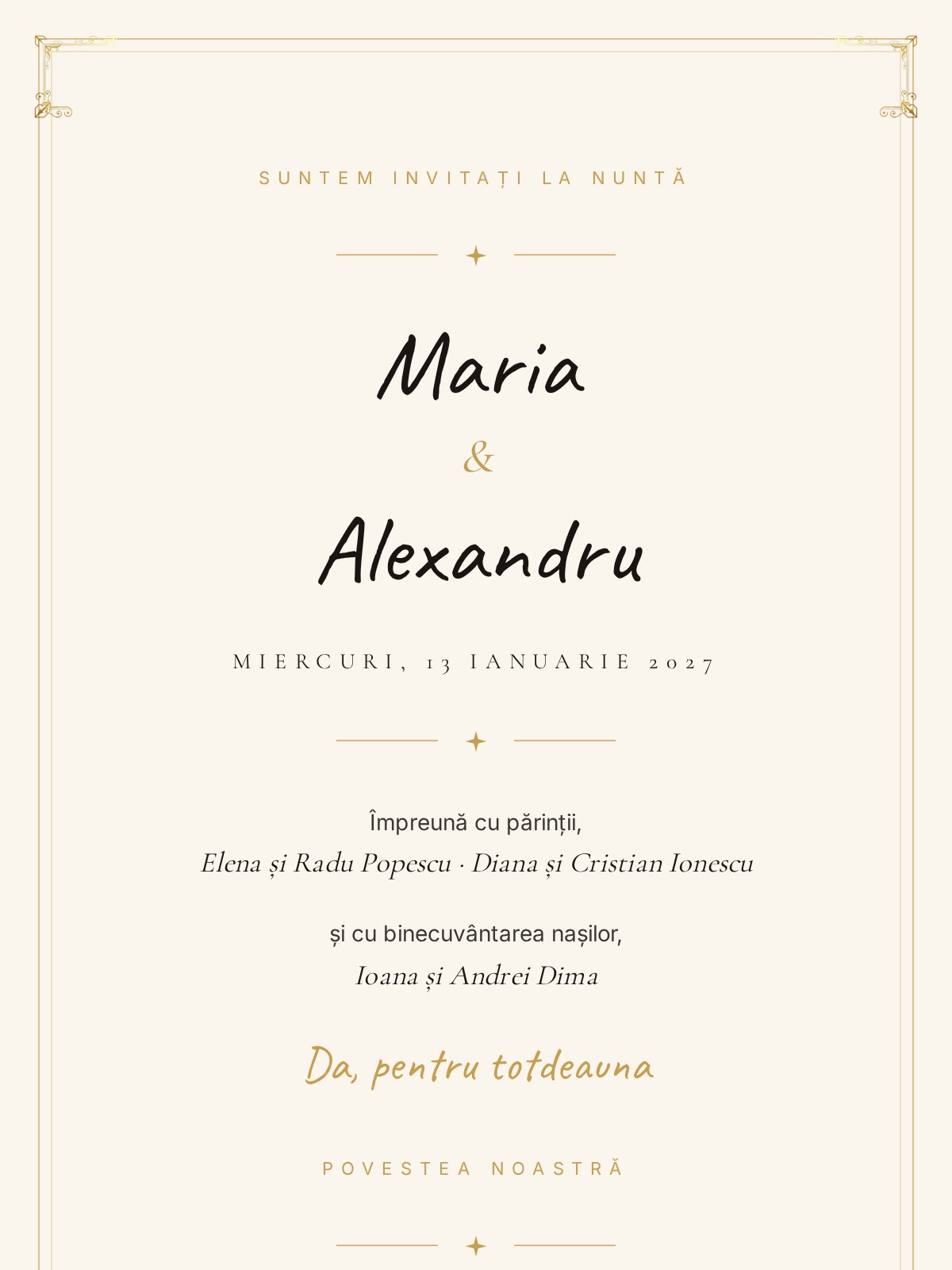 Invitație digitală botez — model Auriu