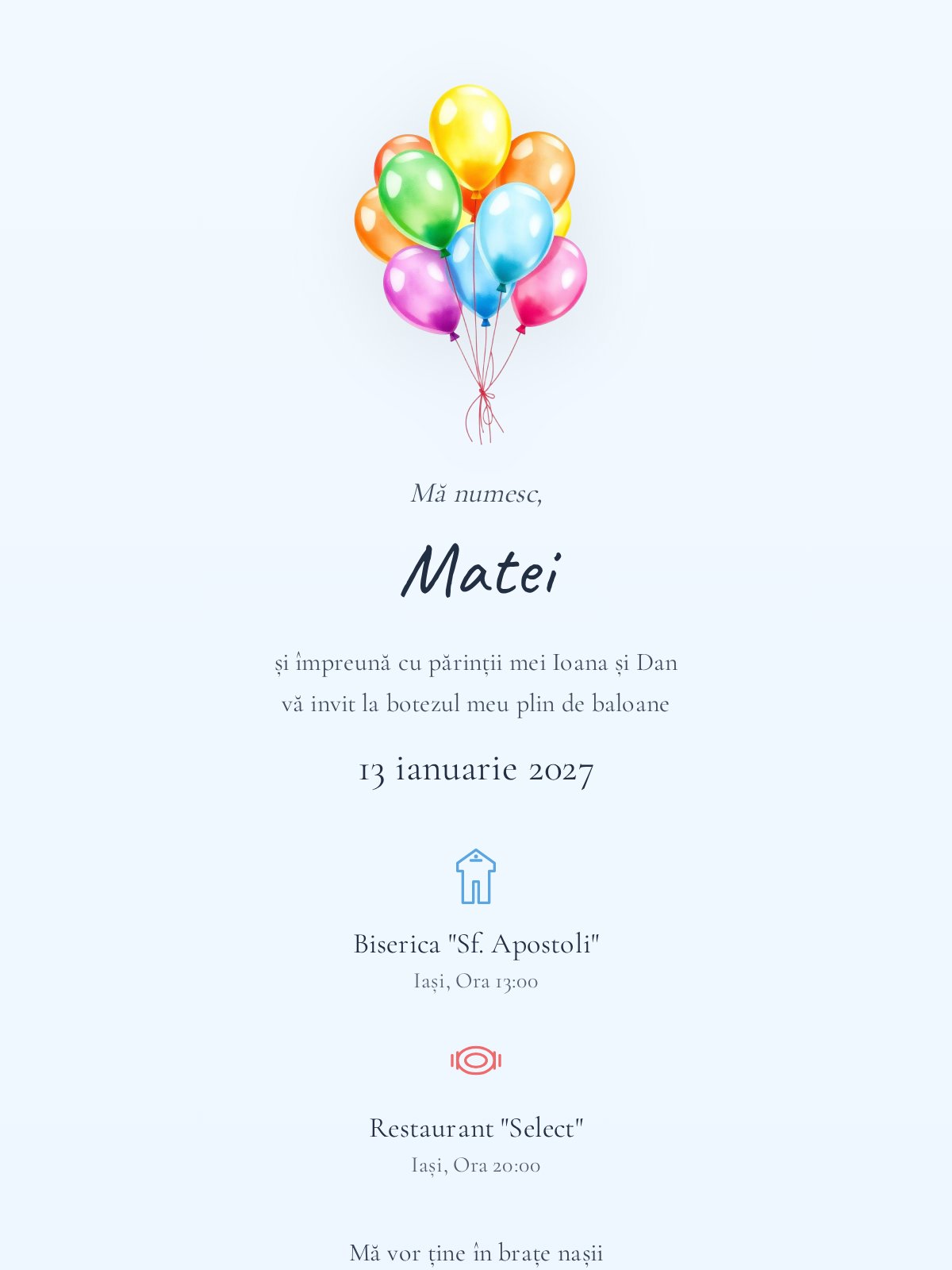 Invitație digitală botez — model Balonașe