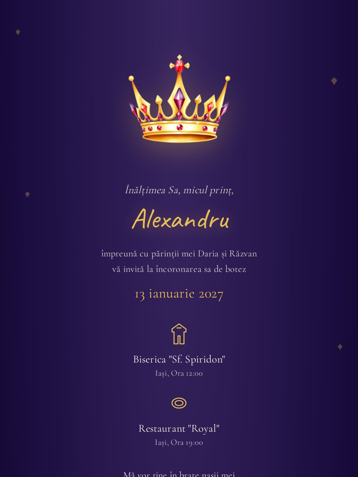 Invitație digitală botez — model Coroniță