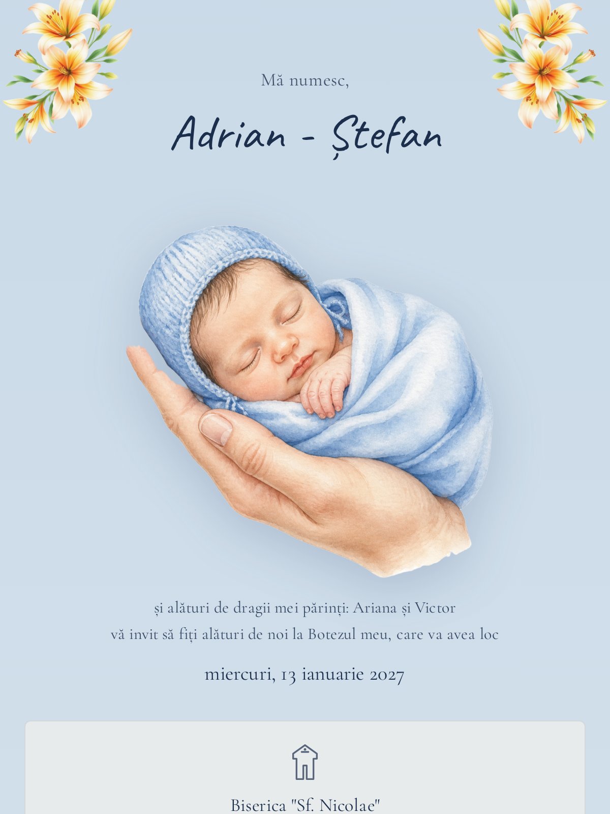 Invitație digitală botez — model Crini