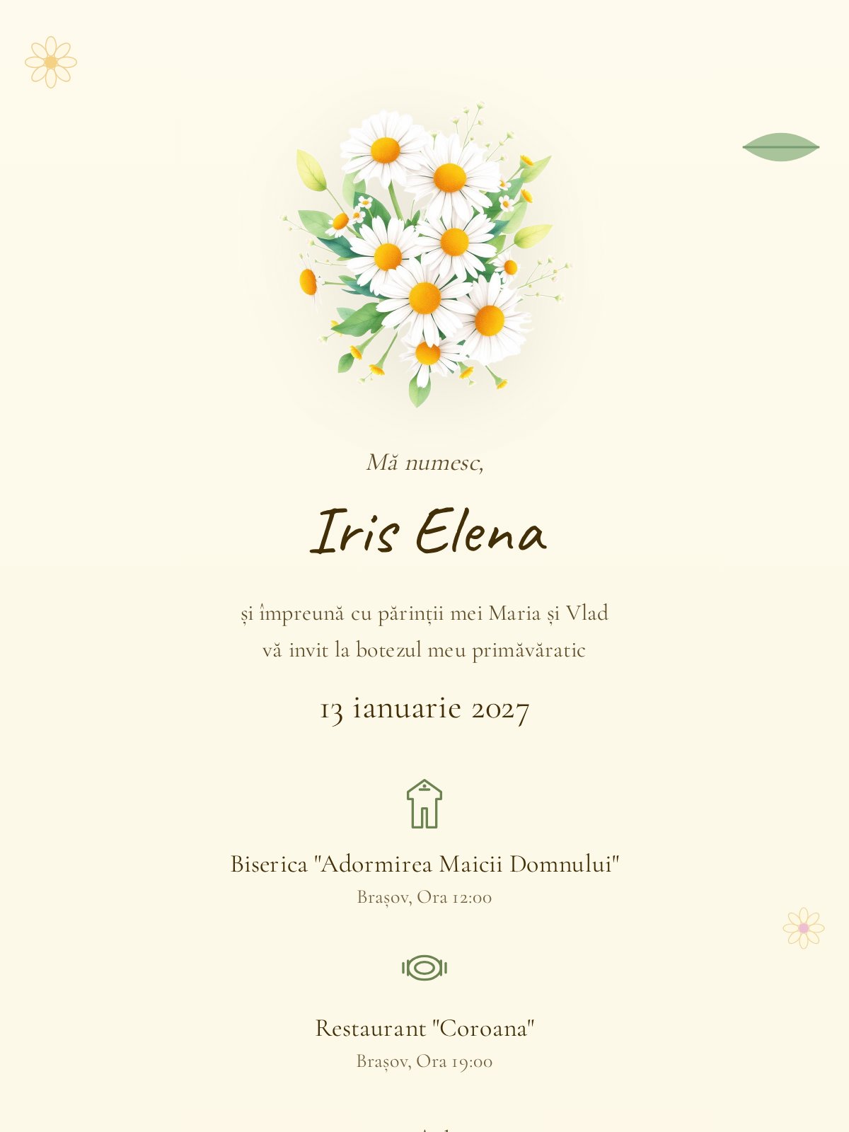 Invitație digitală botez — model Floricele
