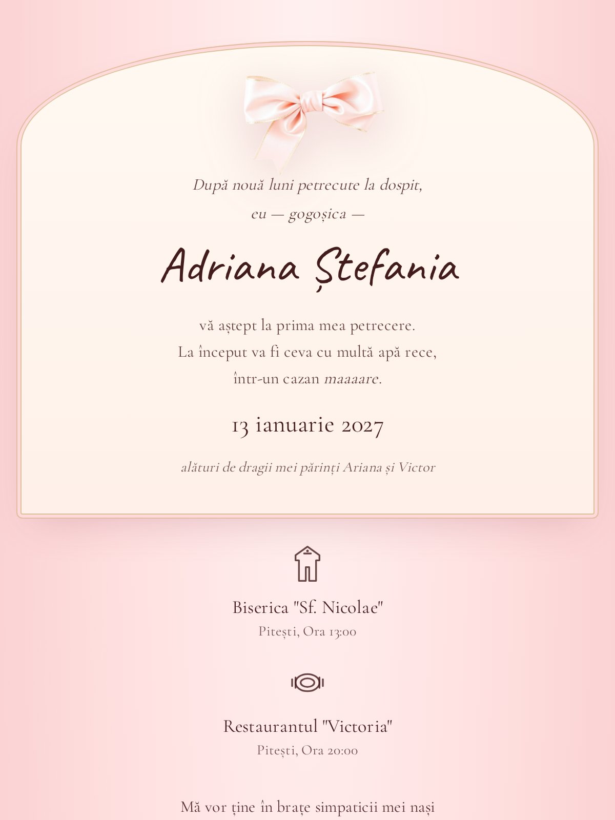 Invitație digitală botez — model Fundița Roz