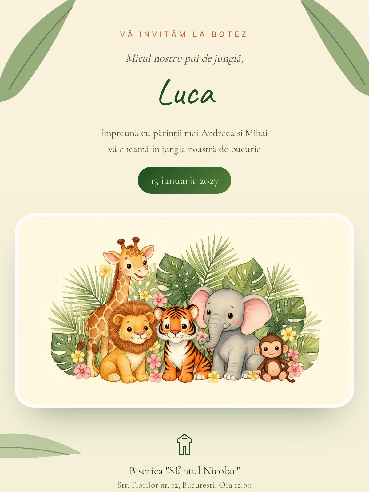 Invitație digitală botez — model Jungla