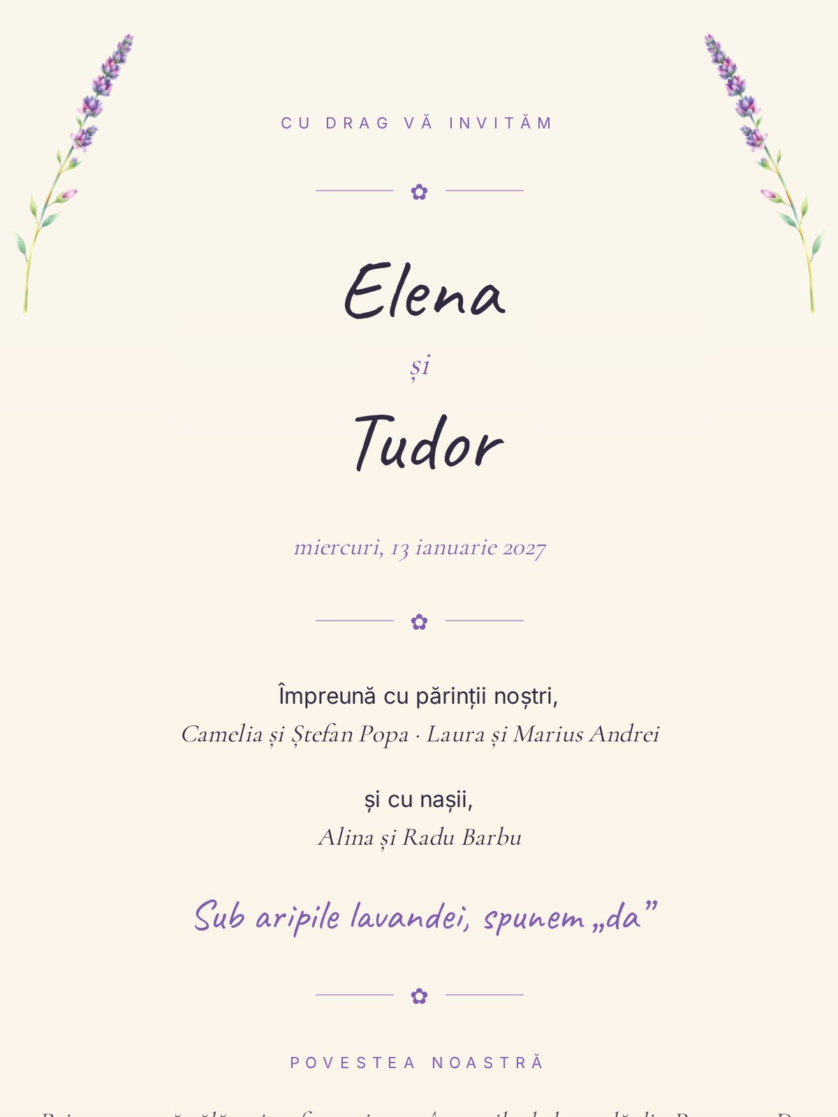 Invitație digitală botez — model Lavandă