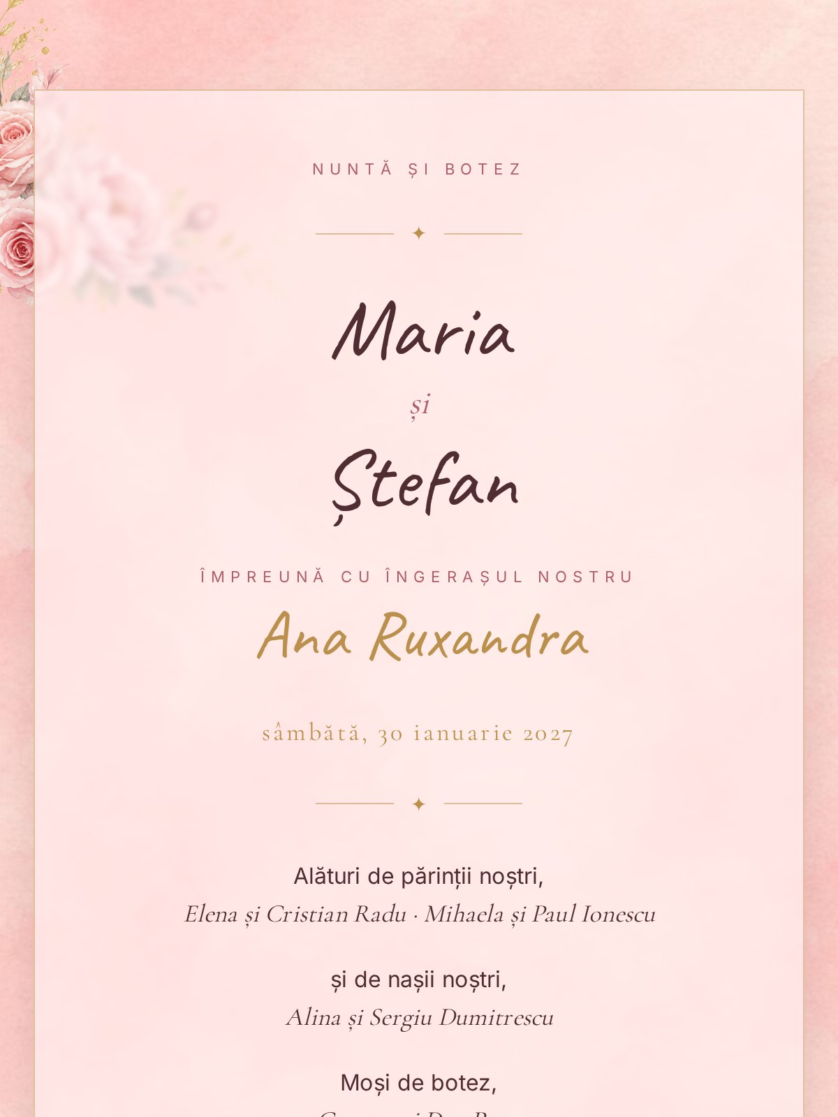 Invitație digitală nuntă și botez — model Roz & Auriu