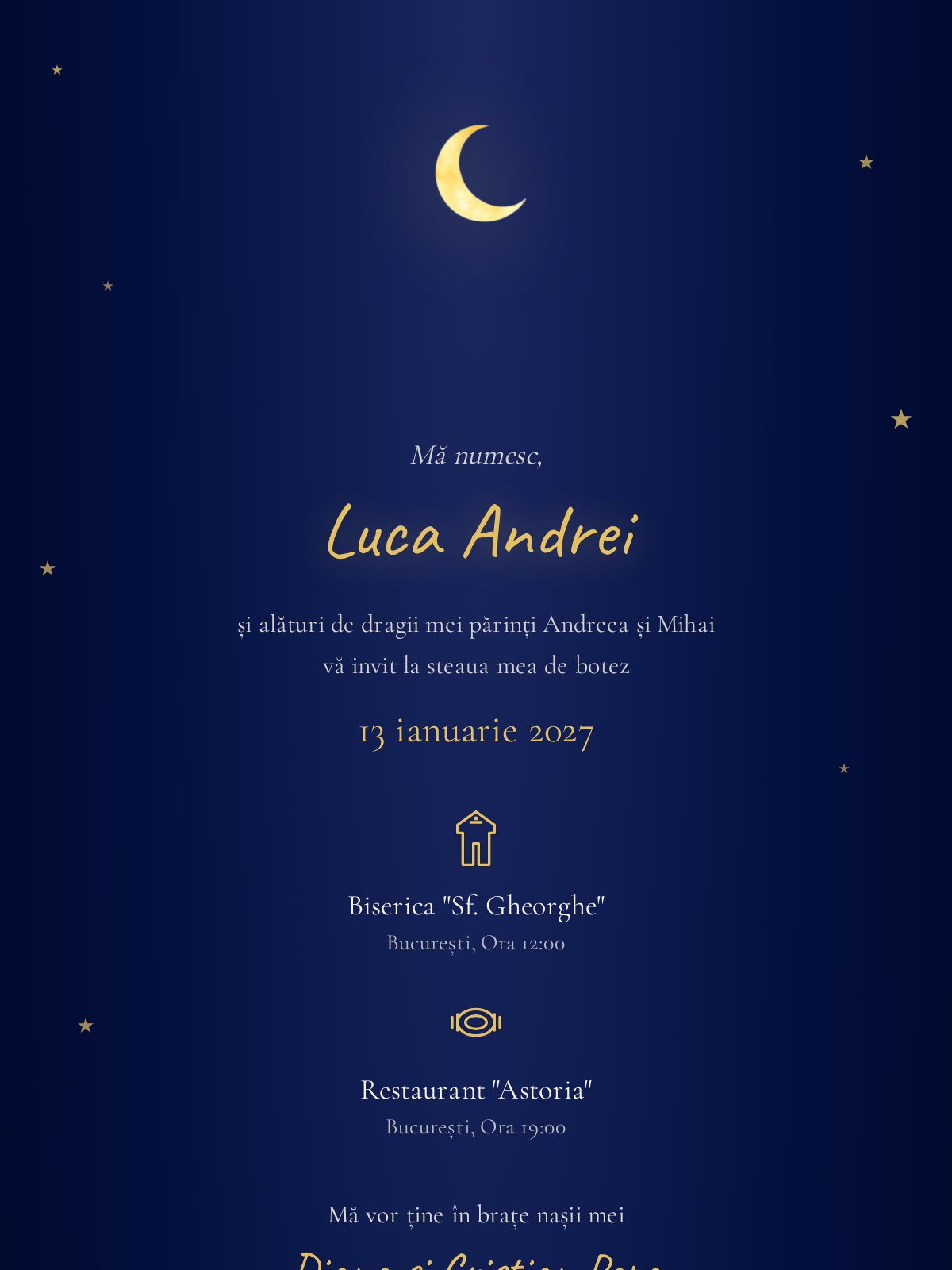 Invitație digitală botez — model Steluțe