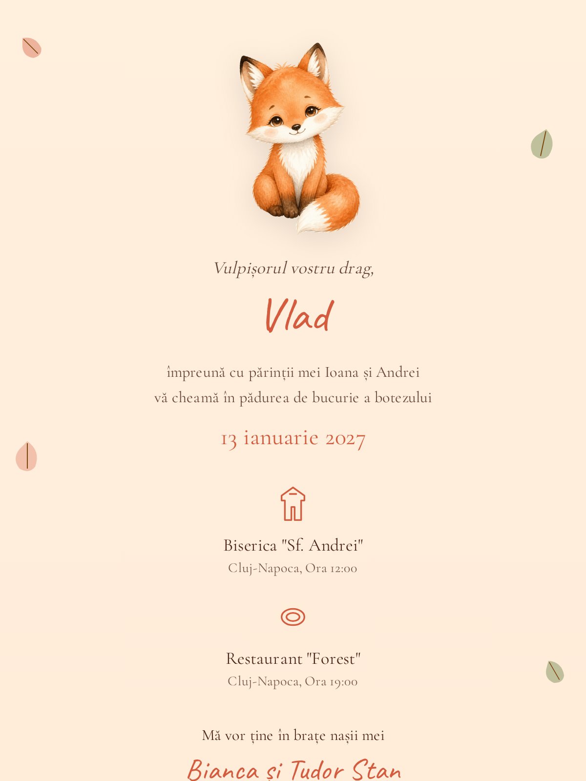 Invitație digitală botez — model Vulpiță